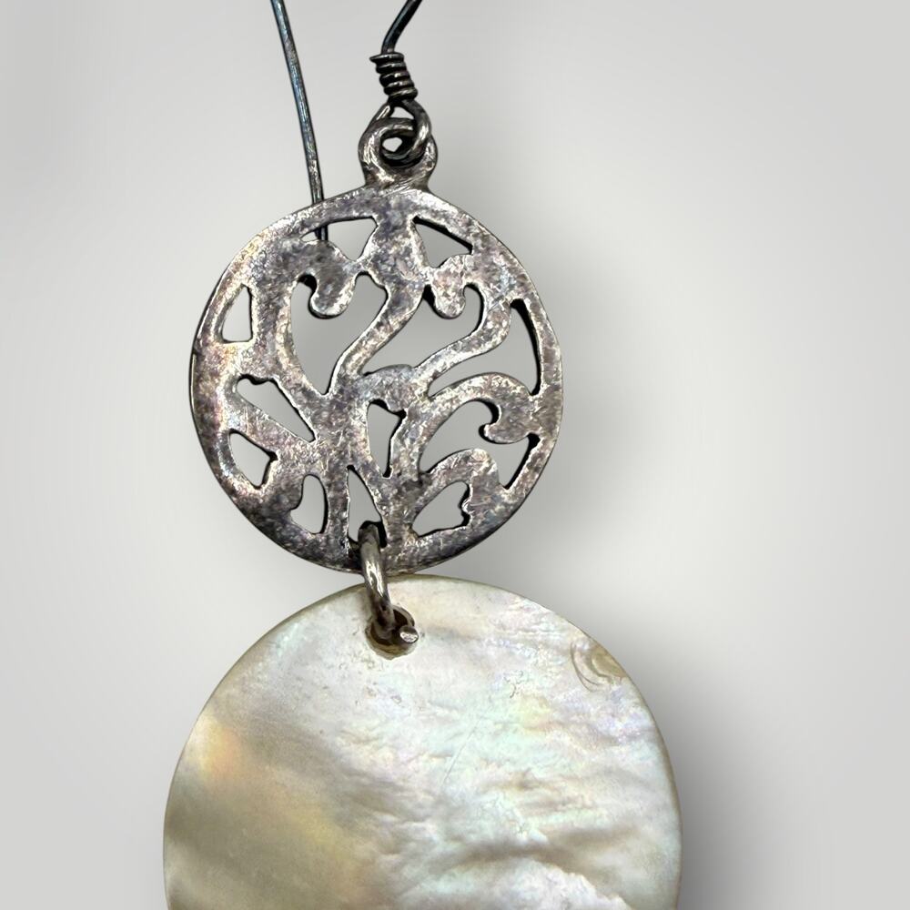925 Sterling Silver Mother of Pearl Tree of Life Round Dangle Earrings Boho - Picture 4 of 7